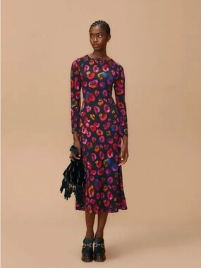 FARM Rio Black Midi Dress with Pink, Red, Purple & Orange Leopard Spots